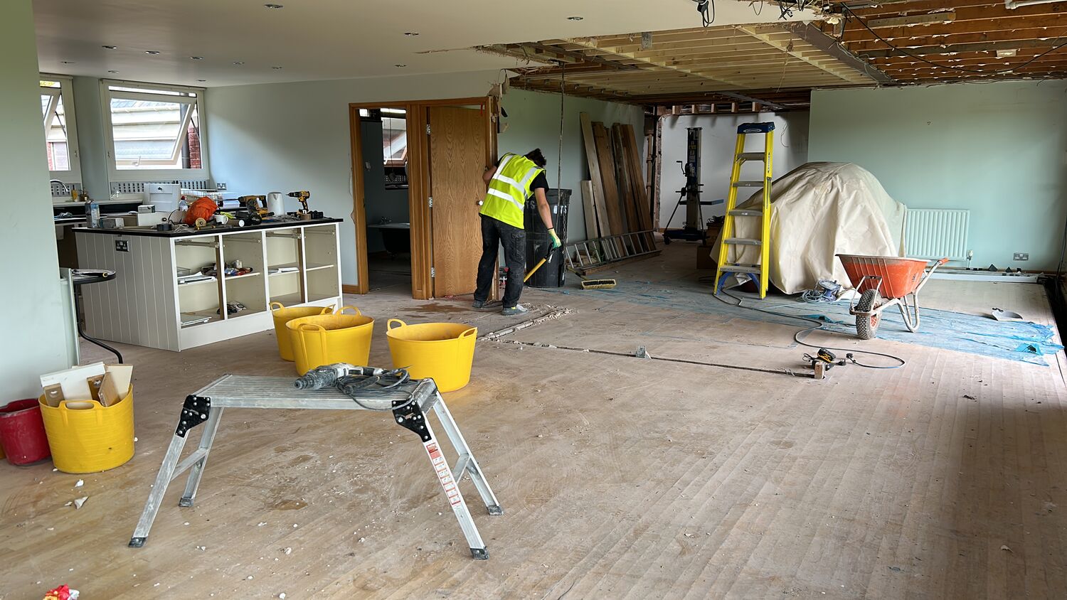 Open-plan kitchen during fit-out